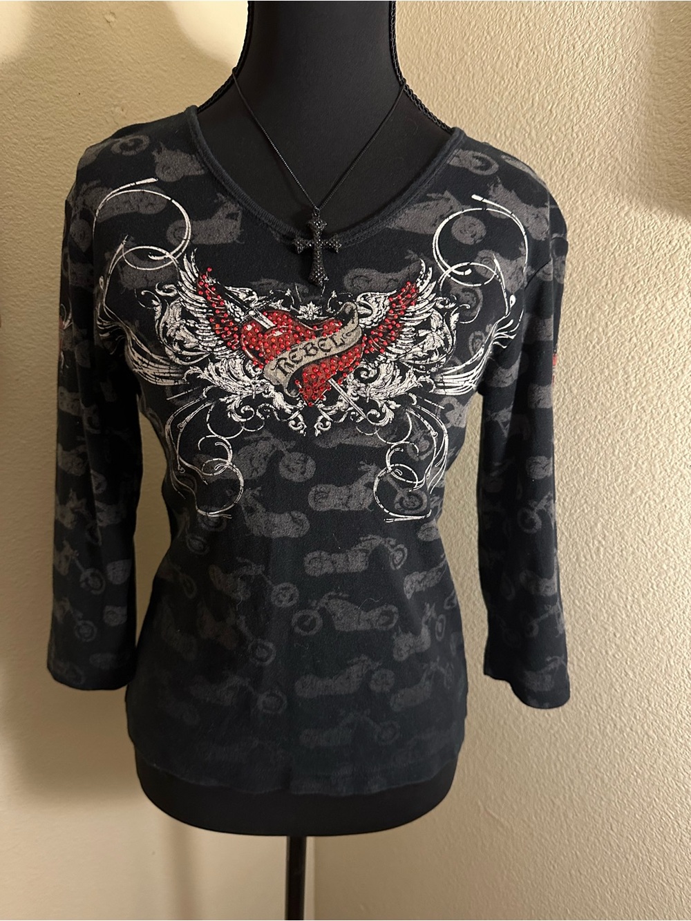 Black Long-Sleeve V-Neck Tee with Red Winged Heart Graphic